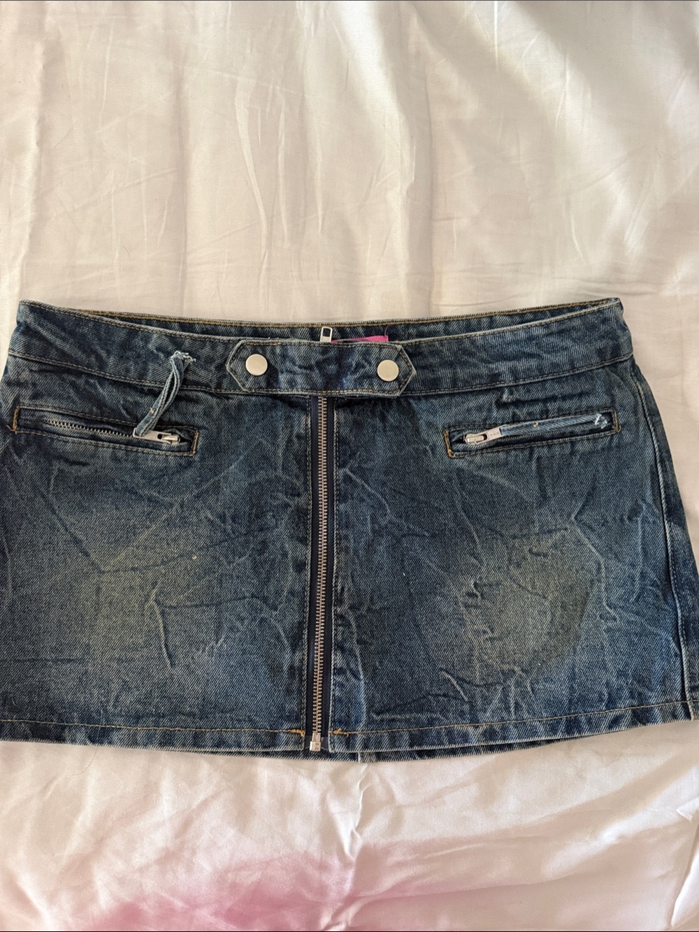 Edikted Blue Denim Mini Skirt with Front Zip